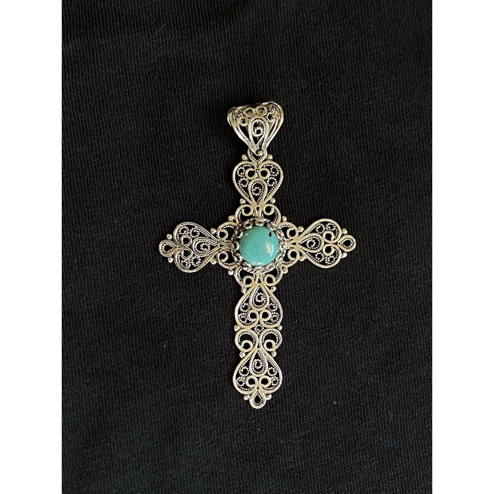 Large Vtg 3”x2”  Sterling Silver + Turquoise Ornate Cross pendant 925 DGS Turkey